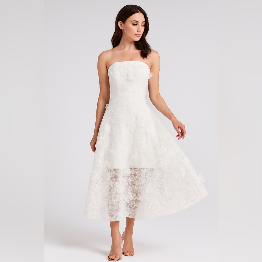 Dress The Population White 3d Butterfly Lace Strapless Midi Dress - Size Xs
